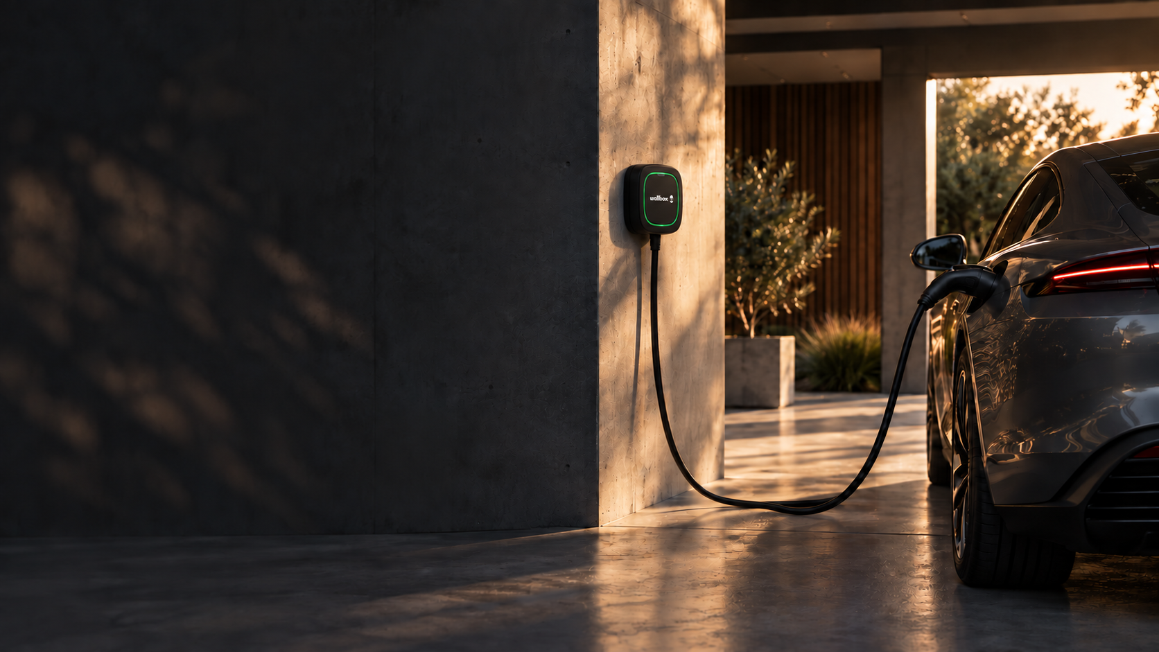 Coche eléctrico conectado a un cargador doméstico en un garaje contemporáneo